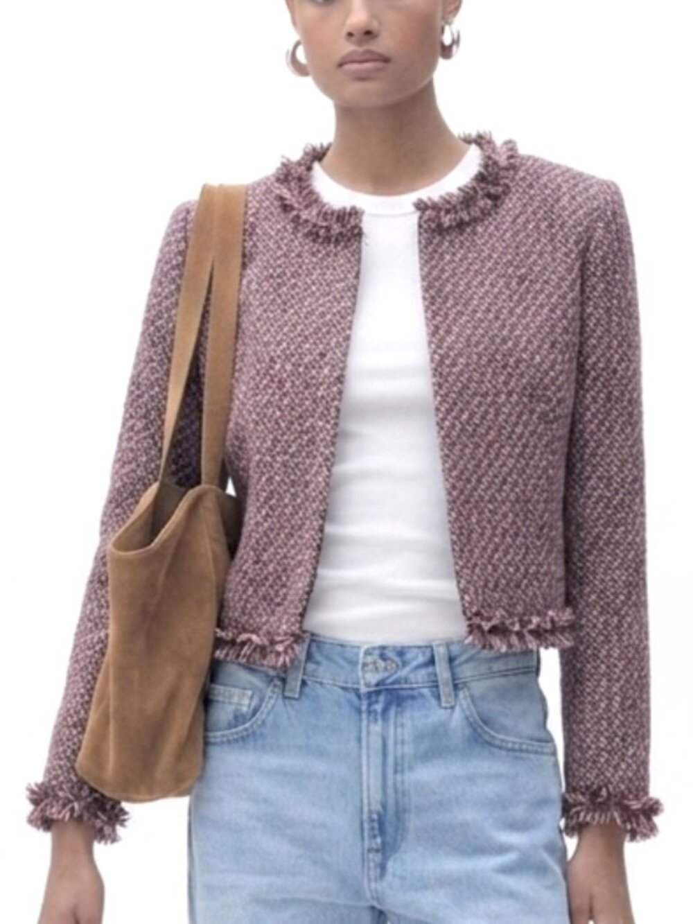 2/$29 Cropped frayed vintage tweed blazer jacket size 8